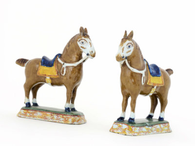 Pair Of Polychrome Delftware Figures Of Horses