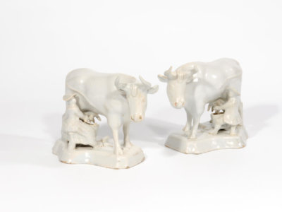 C59 White Milking Group Delftware Cows