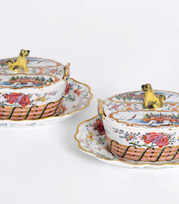 D1923. Pair Of Petit Feu Butter Tubs, Covers And Stands
