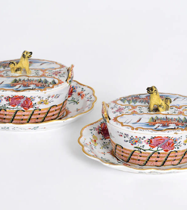 D1923. Pair of Petit Feu Butter Tubs, Covers and Stands