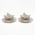 D2136. Pair Of Polychrome Petit Feu And Gilded Butter Tubs, Covers And Stands