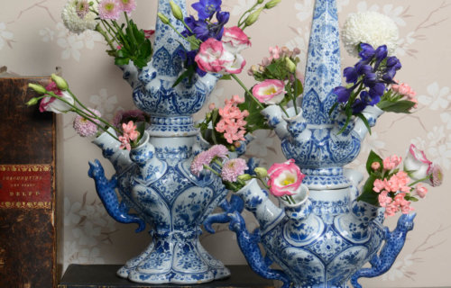 Blue and white Delftware bowl flower vase flowers