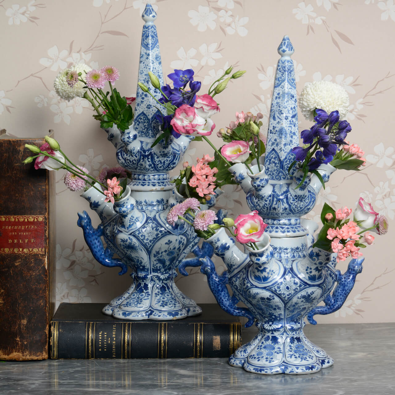 Blue and white Delftware bowl flower vase flowers