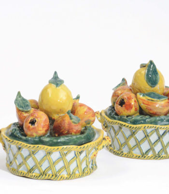 D2036. Pair Of Polychrome Fruit Basket Tureens And Covers