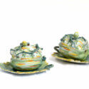 D2155. Pair Of Polychrome Melon Tureens, Covers And Leaf-Shaped Stands