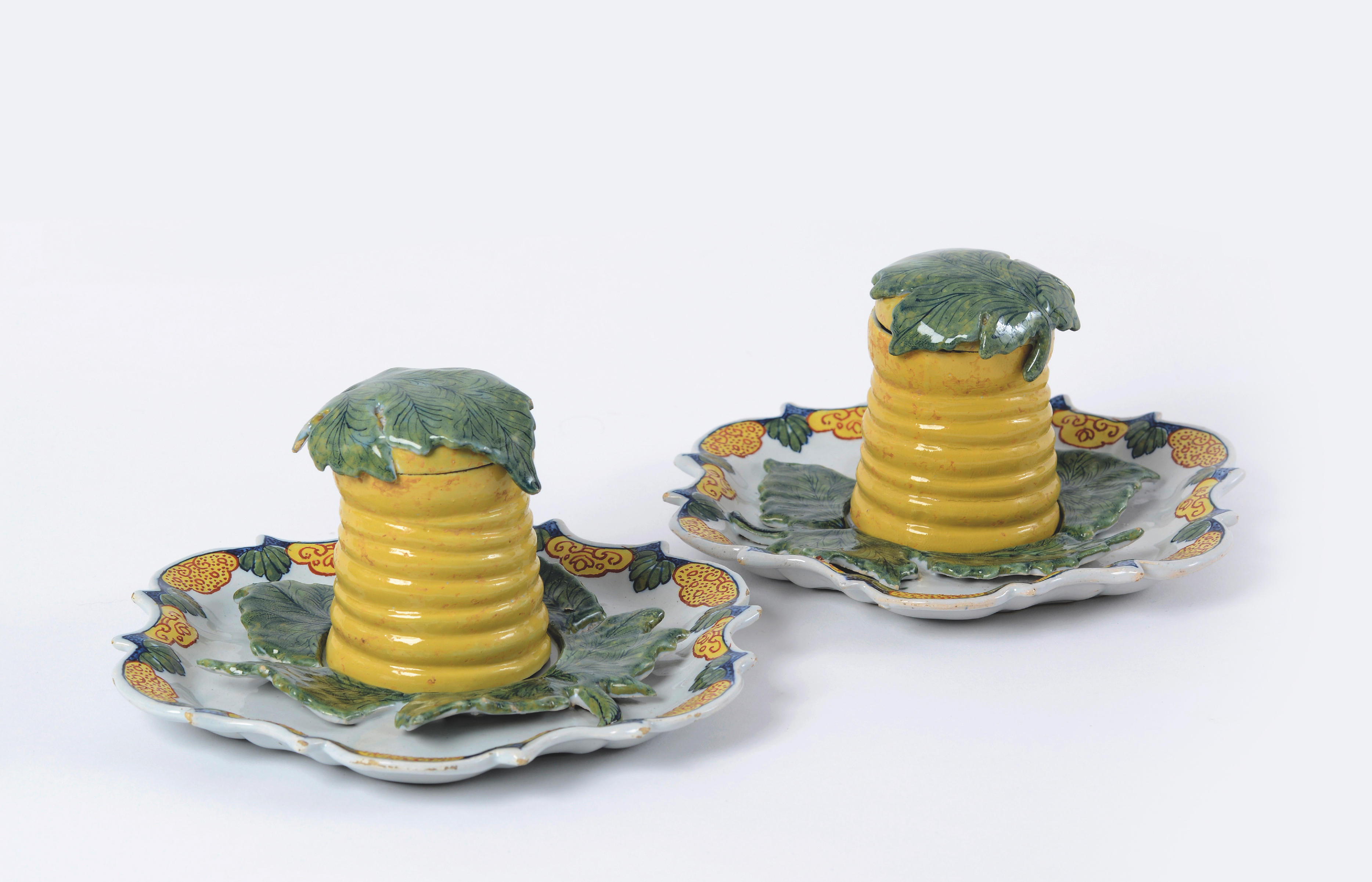 Pair of Polychrome Honey Pots Delftware Aronson Antiquairs