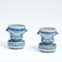 Pair Of Small Blue And White Jardinières With Stands