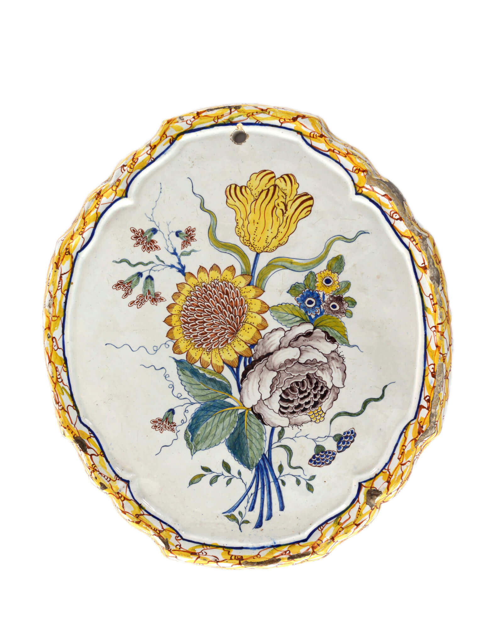 Delftware polychrome plaque bouquet