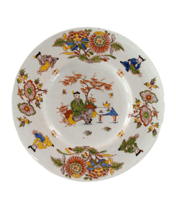 Polychrome Delftware plate chinoiserie decor