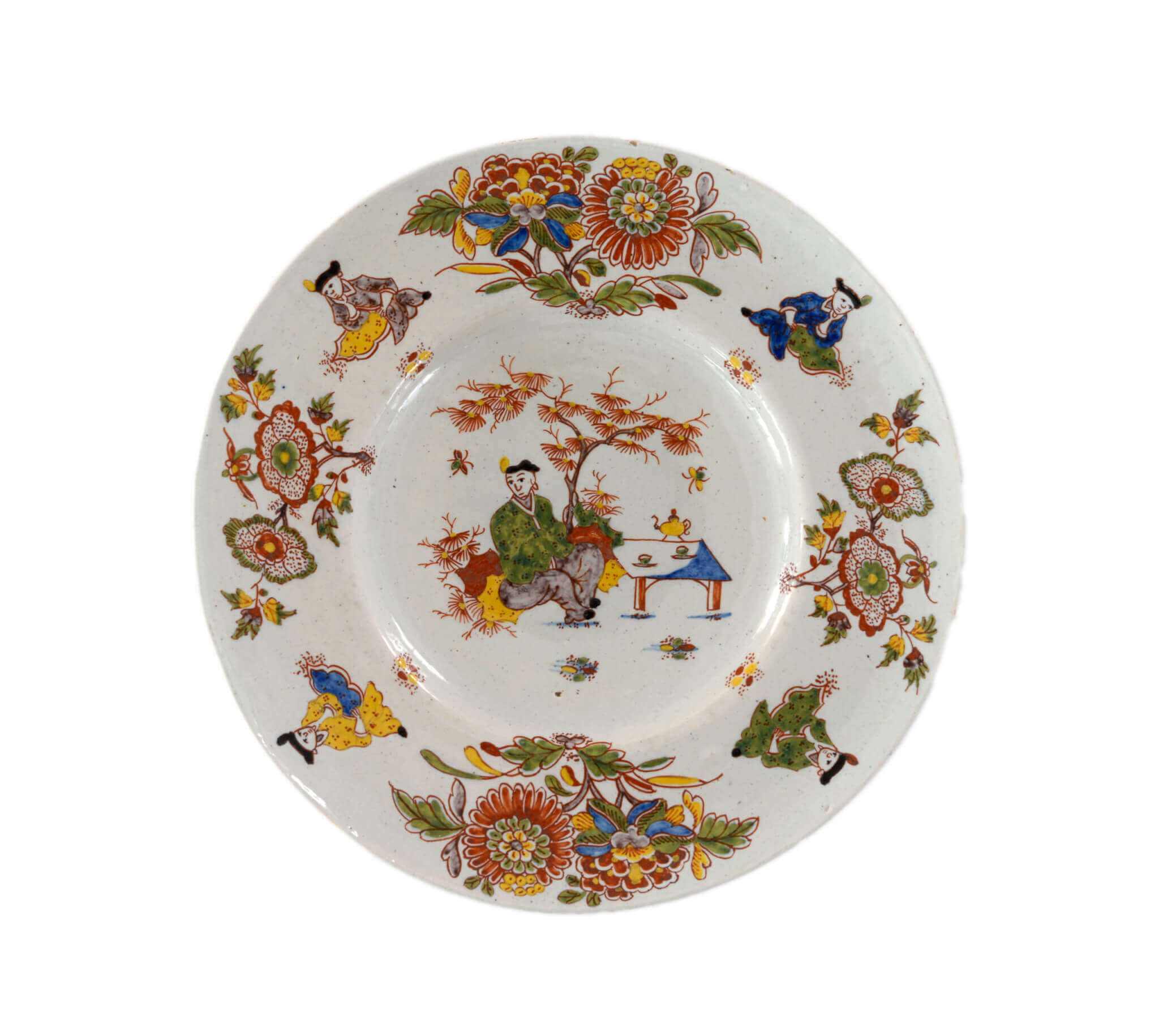 Polychrome Delftware plate chinoiserie decor