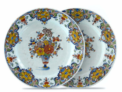 Pair Of Polychrome Delftware Plates Flower Decoration