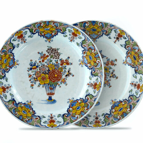 Pair Of Polychrome Delftware Plates Flower Decoration