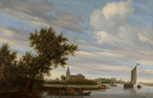 Landschap met schip, bootje en kerk