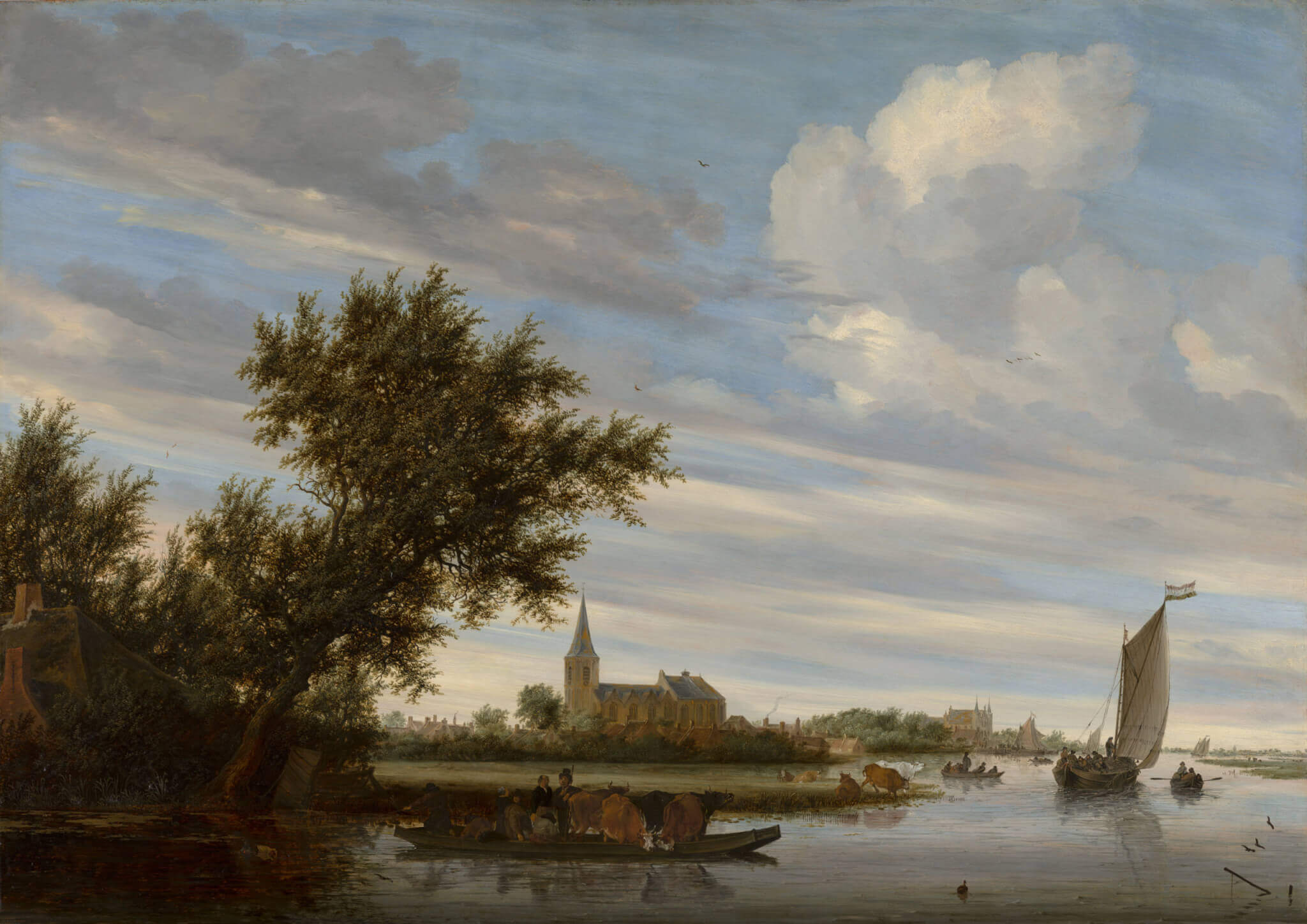 Landschap met schip, bootje en kerk