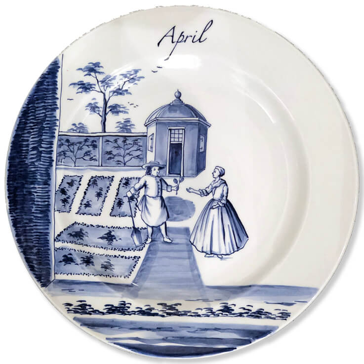 Blue And White Modern Delftware Plate With Gardener Supporting A Spade And Offering A Posy To A Lady