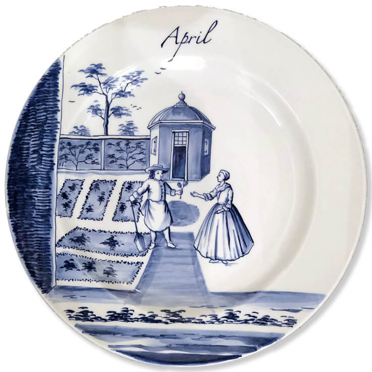 Blue and white modern Delftware plate with gardener supporting a spade and offering a posy to a lady