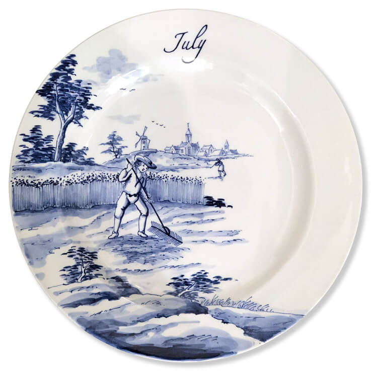 Modern Blue And White Delftware Plate With A Harvester Raking Hay While Another Drinks From A Bottle