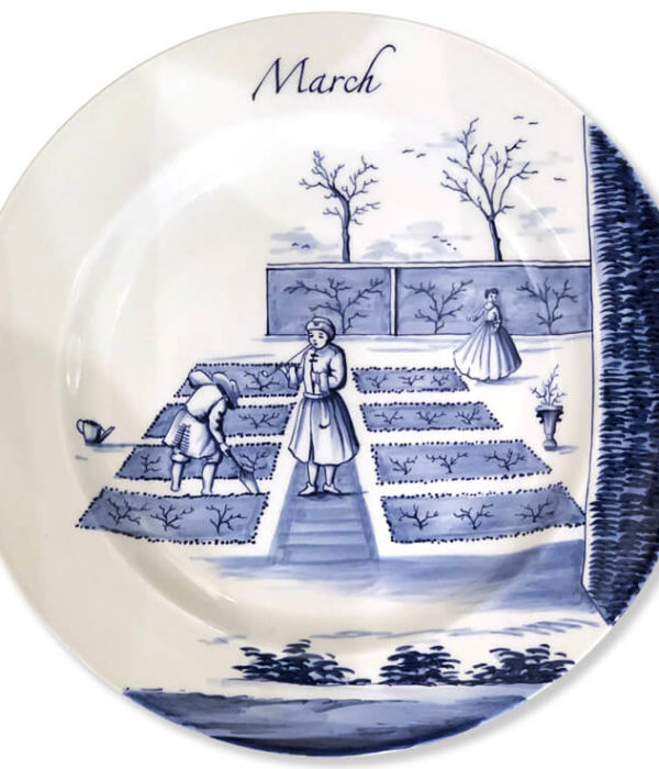 Blue and white modern Delftware plate with garden