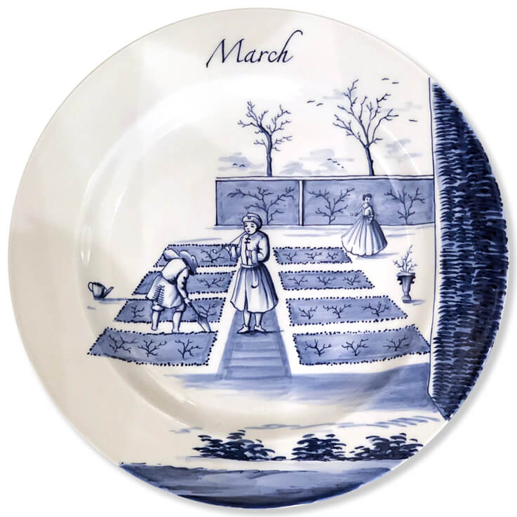 Blue and white modern Delftware plate with garden