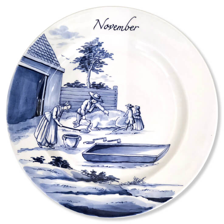 Blue And White Modern Delftware Plate With Two Children Watching Their Father And Mother Bleed A Pig
