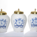 D2106. Set Of Three Blue And White Armorial Tobacco Jars