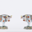 •D2126. Pair Of ‘Petit Feu’ Polychrome And Gilded Figures Of Cows