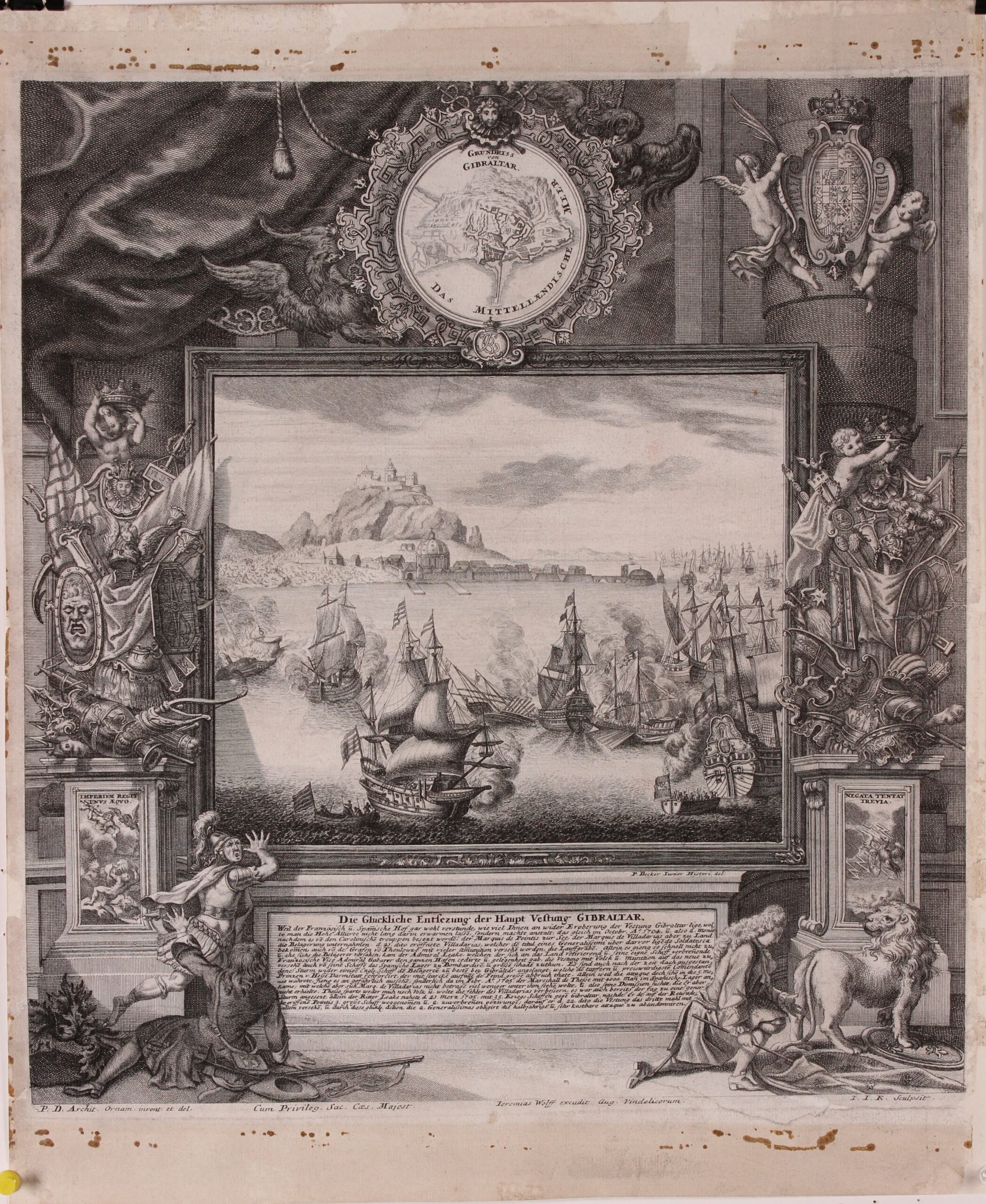 Onzet van Gibraltar (full) - Kleinscmidt naar Decker, 1705 “Die Glückliche Entsezung der Haupt Vestung Gibraltar”, ets met gravure vervaardigd door Johann Jakob Kleinschmidt naar een tekening van Paul Decker, uitgegeven ca. 1712-1715 te Augsburg door Jeremias Wolf. Afm. 42,7 × 41 cm.