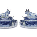 D2217. Pair Of Blue And White Butter Tubs, Recumbent Cow Covers And Stands