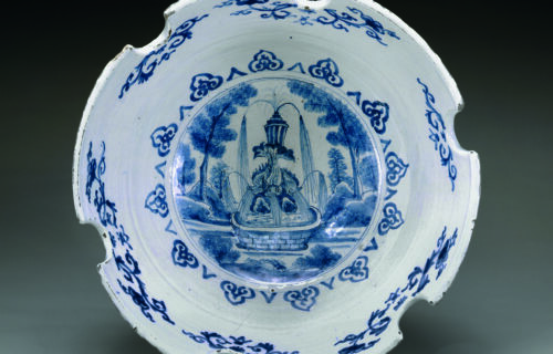 Monteith, Probably Delft, Tin-glazed Earthenware, Painted With Indecipherable Marks In Cobalt Blue On Base, Ca. 1695. 6 3⁄4 X 131⁄4 In. (17.15 X 33.66 Cm), 67.103, Historic Deerfield, Deerfield, Massachusetts. Photography By Penny Leveritt