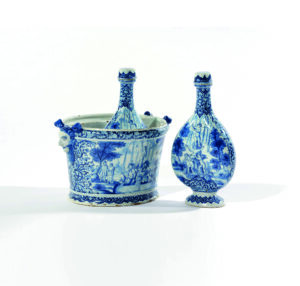 Blue and white bottle coolers with its flasks and covers, Lambertus van Eenhorn of The Metal Pot Factory (De Metaale Pot), Delft, c. 1695. Tin- glazed earthenware. cooler: 7 9/16 x 12 1/16 in. (19.3 x 30.7 cm) flask: 12 1/8 in. (30.8 cm) 2017.9, The European Decorative Arts Purchase Fund, Wadsworth Atheneum