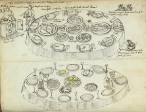 Drawing: Table arrangement and meal at a dinner in Falmouth, England, by Jan Brandes, June 1778. From Album van Jan Brandes, deel 2. Paper, pencil, ink, and watercolor. (height 155 mm × width 195 mm) NG-1985- 7-2-52 Rijksmuseum, Amsterdam.