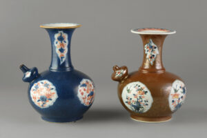 Kendis (2) with powdered-blue and “Batavia” grounds and “Imari” reserves. Porcelain (hard paste), China, 1700-1740. Gift of Daniel and Serga Nadler 2014.0016.010, .011