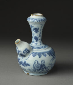 Kendi with pseudo-Chinese figural ornament, Earthenware (Delftware) Delft, Netherlands; 1685-1700. Museum purchase with funds drawn from the Centenary Fund 2016.0009