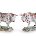D2349. Pair Of Polychrome Petit Feu And Gilded Models Of Cows