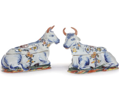 D2351. Pair Of Polychrome Recumbent Cow Tureens