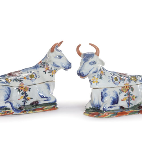 D2351. Pair Of Polychrome Recumbent Cow Tureens