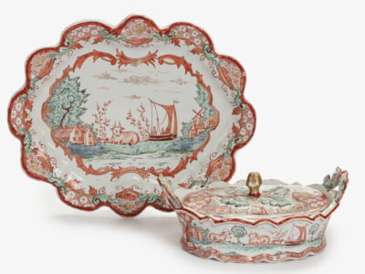 D2341. Polychrome Petit Feu And Gilded Butter Tub, Cover And Stand