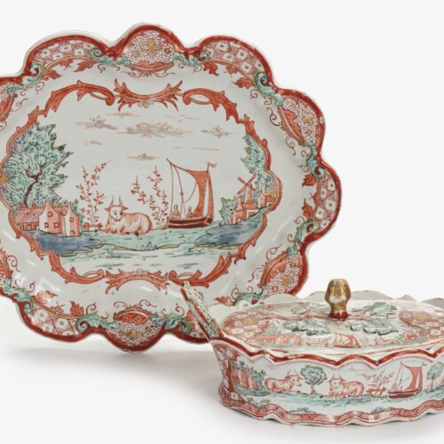 D2341. Polychrome Petit Feu And Gilded Butter Tub, Cover And Stand