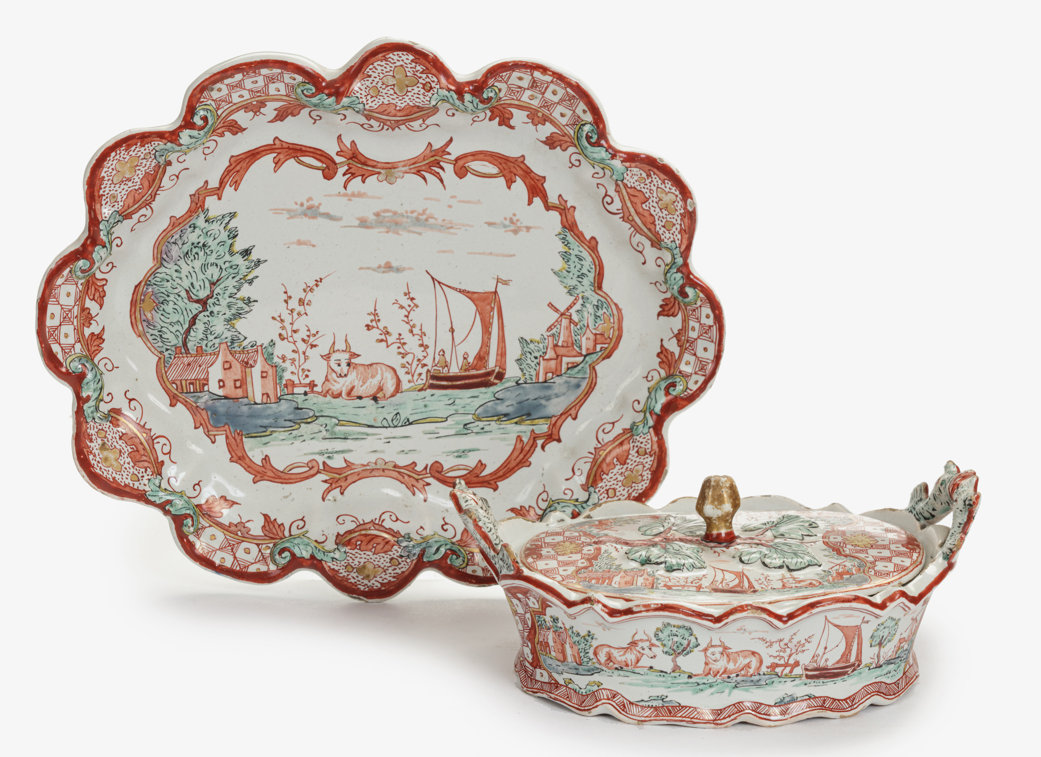 D2341. Polychrome Petit Feu and Gilded Butter Tub, Cover and Stand