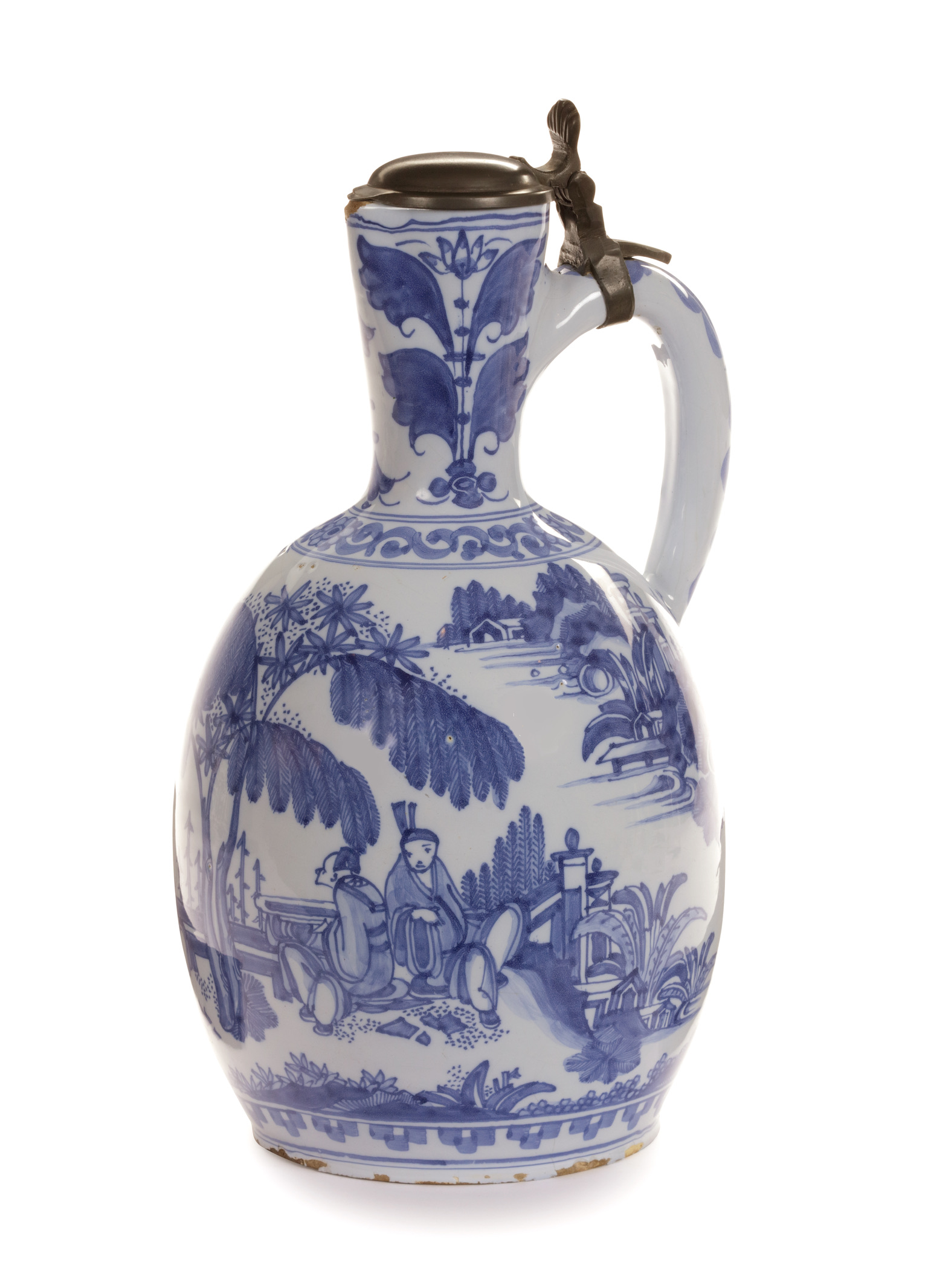 D2304. Large Blue and White Pewter-Mounted Jug