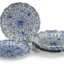 •D2343. Pair Of Blue And White Reticulated Fruit Strainers And Stands
