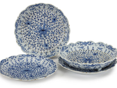 D2343. Pair Of Blue And White Reticulated Fruit Strainers And Stands