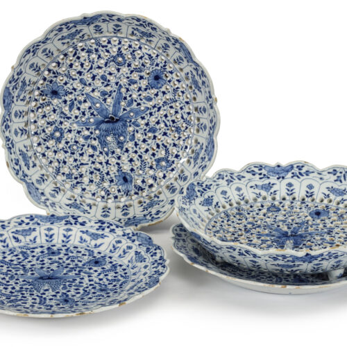 D2343. Pair Of Blue And White Reticulated Fruit Strainers And Stands