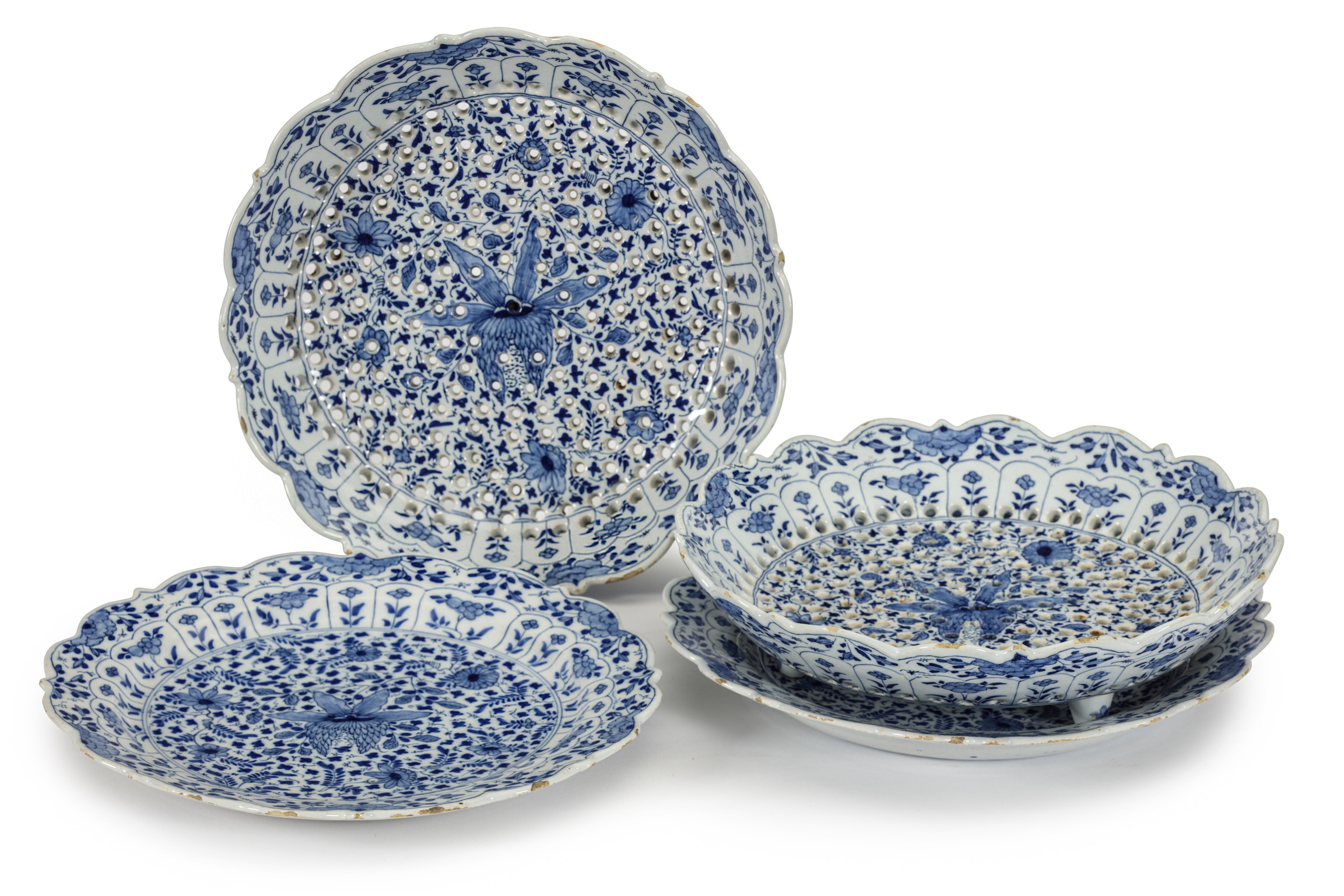 D2343. Pair of Blue and White Reticulated Fruit Strainers and Stands