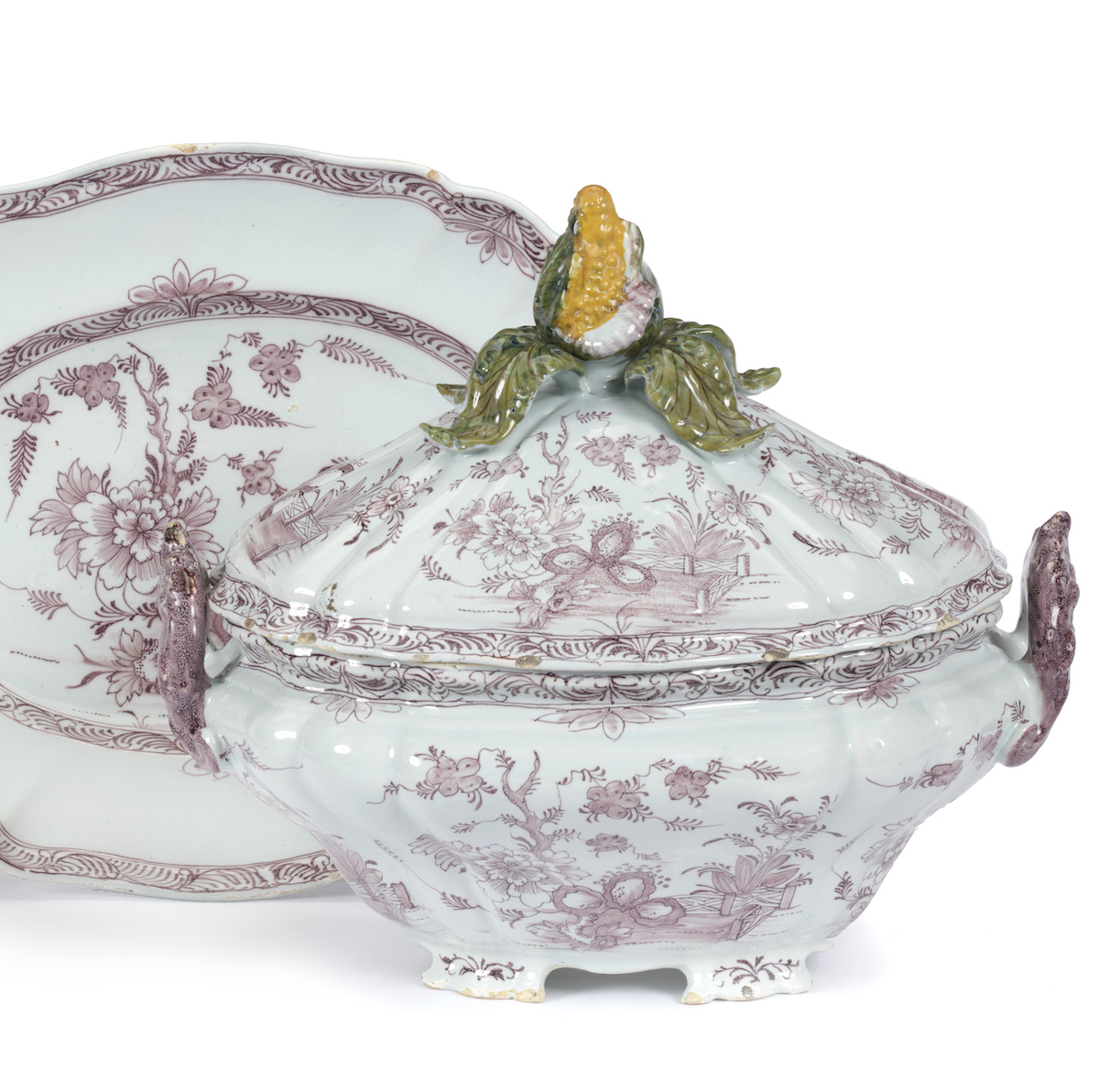 Manganese Delft tureen, cover and stand