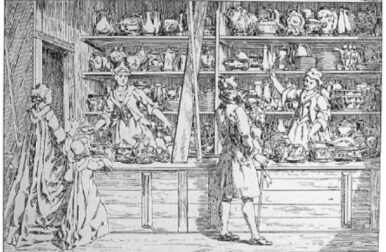 J. Kilian (1716-1744) A Delftware Shop With Female Staff.
