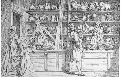 J. Kilian (1716-1744) A Delftware Shop With Female Staff.