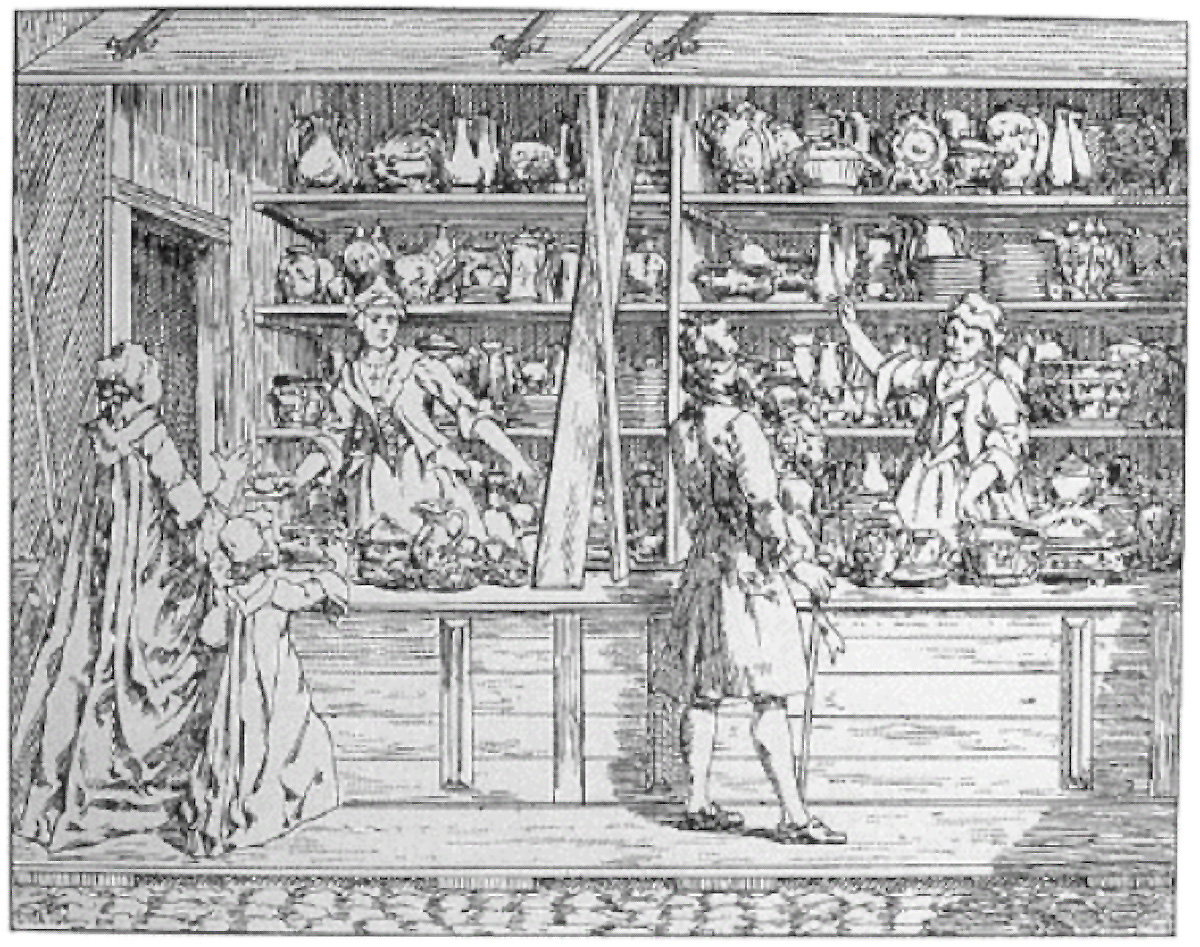 J. Kilian (1716-1744) A Delftware shop with female staff.