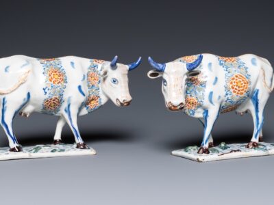 Pair Of Polychrome Delftware Cows, Circa 1730