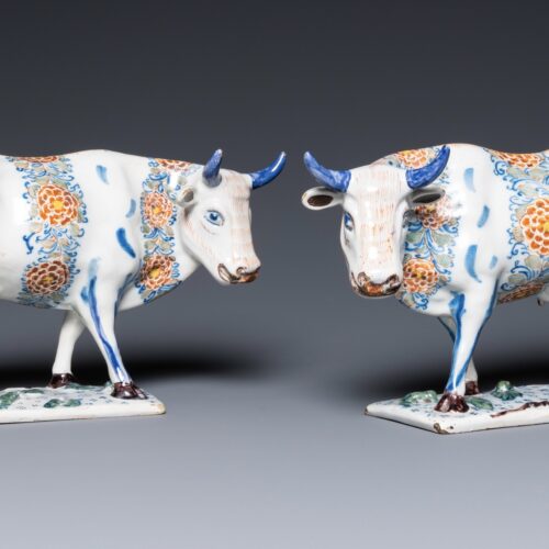 Pair Of Polychrome Delftware Cows, Circa 1730